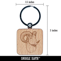 Majestic Bighorn Sheep Head Engraved Wood Square Keychain Tag Charm