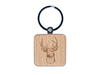 Majestic Deer Buck Head Hunter Hunting Engraved Wood Square Keychain Tag Charm