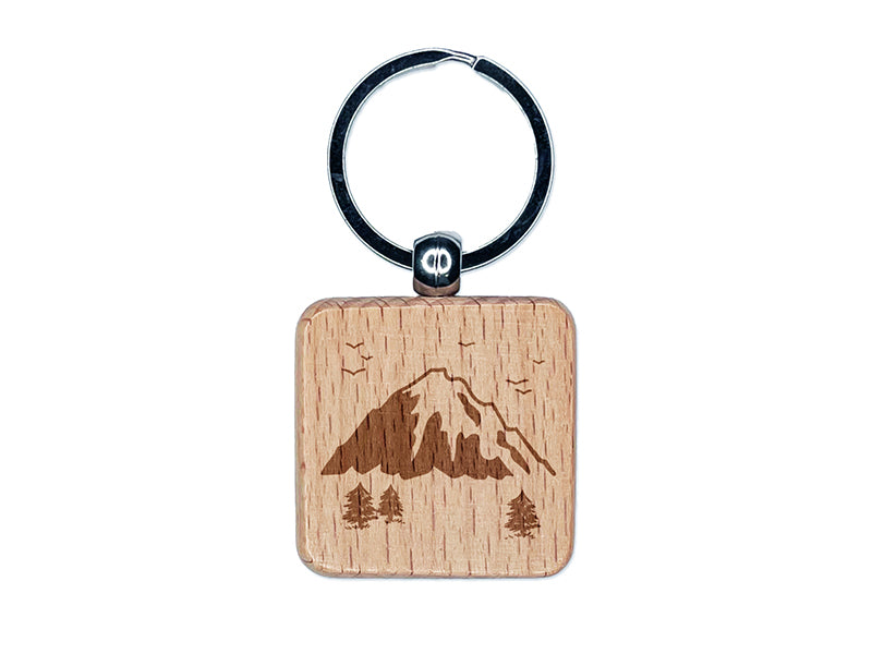 Mountain Scenic Landscape Engraved Wood Square Keychain Tag Charm