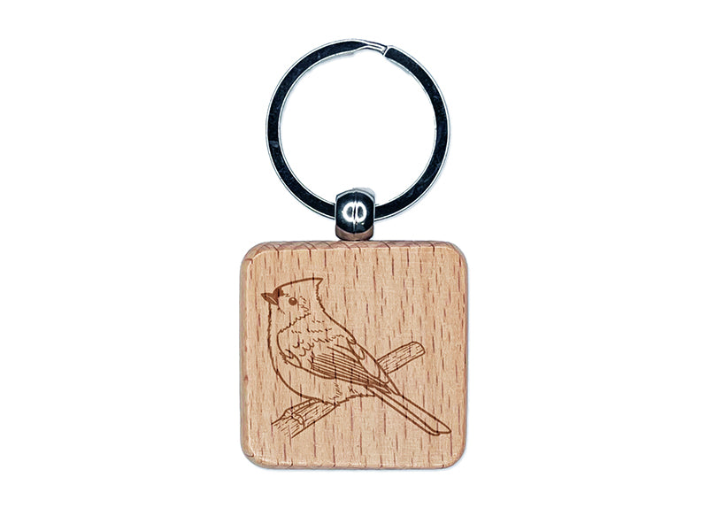 Perky Tufted Titmouse Bird Engraved Wood Square Keychain Tag Charm