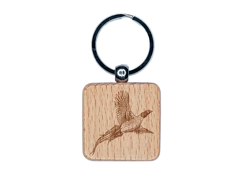 Pheasant Flying Engraved Wood Square Keychain Tag Charm