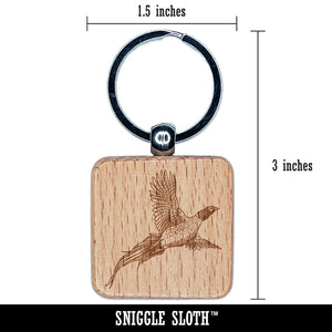 Pheasant Flying Engraved Wood Square Keychain Tag Charm