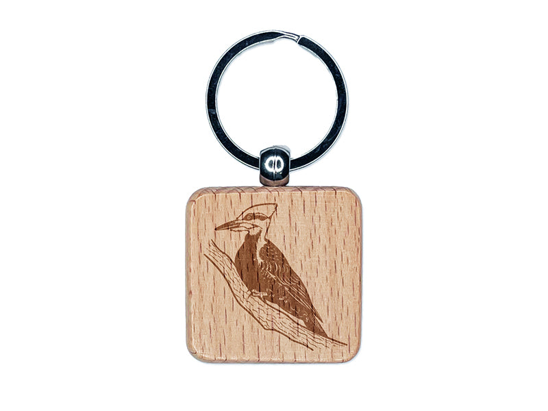 Pileated Woodpecker Bird on Branch Engraved Wood Square Keychain Tag Charm