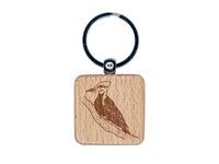 Pileated Woodpecker Bird on Branch Engraved Wood Square Keychain Tag Charm