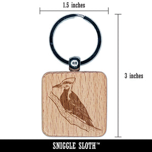 Pileated Woodpecker Bird on Branch Engraved Wood Square Keychain Tag Charm