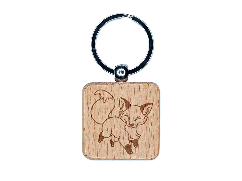 Playful Chibi Fox Engraved Wood Square Keychain Tag Charm