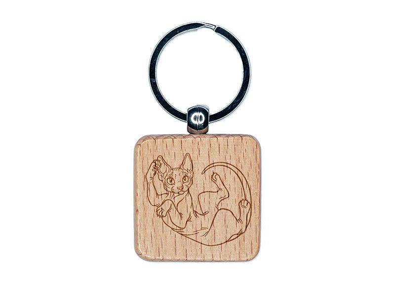 Playful Sphynx Hairless Cat Engraved Wood Square Keychain Tag Charm