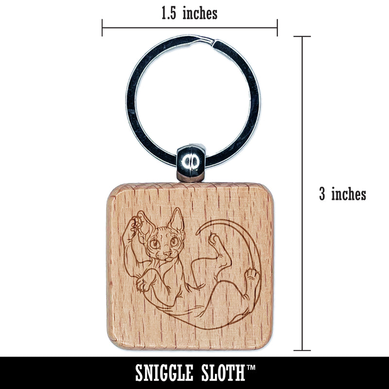 Playful Sphynx Hairless Cat Engraved Wood Square Keychain Tag Charm