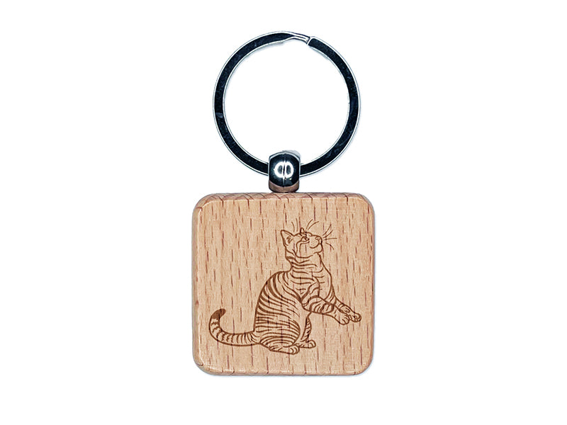 Playful Tabby Cat Domestic Shorthair Engraved Wood Square Keychain Tag Charm