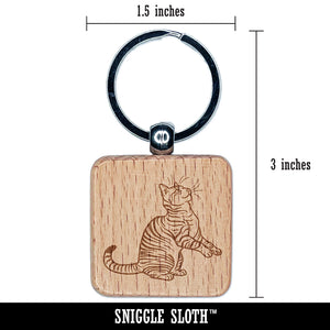 Playful Tabby Cat Domestic Shorthair Engraved Wood Square Keychain Tag Charm