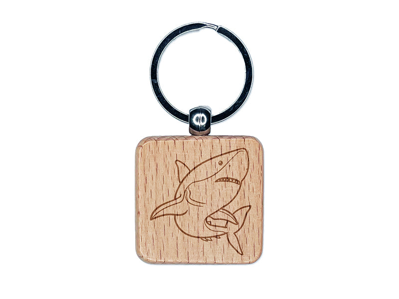 Powerful Great White Shark Engraved Wood Square Keychain Tag Charm