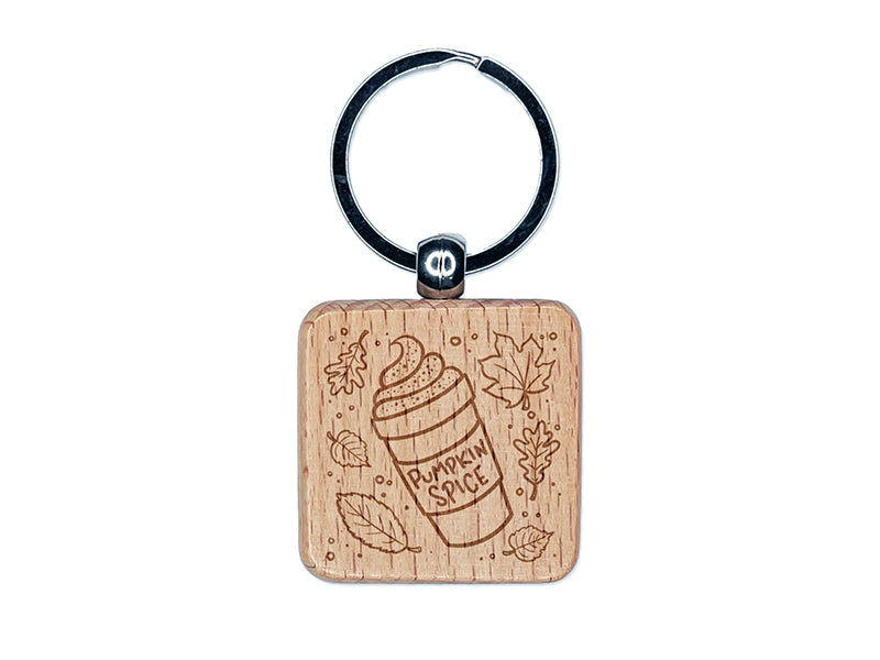 Pumpkin Spice Latte Coffee Autumn Leaves Engraved Wood Square Keychain Tag Charm