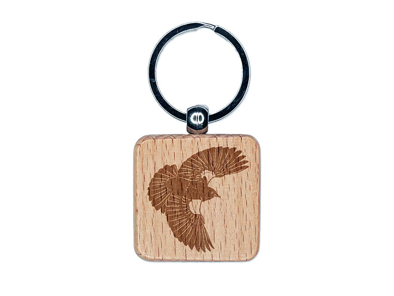 Red-Winged Blackbird Bird Flying Engraved Wood Square Keychain Tag Charm