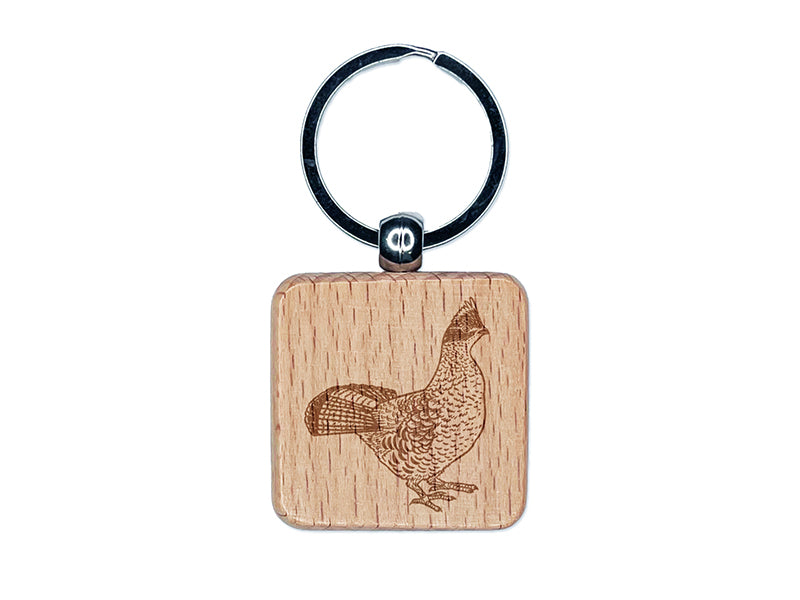 Ruffed Grouse on Alert Engraved Wood Square Keychain Tag Charm