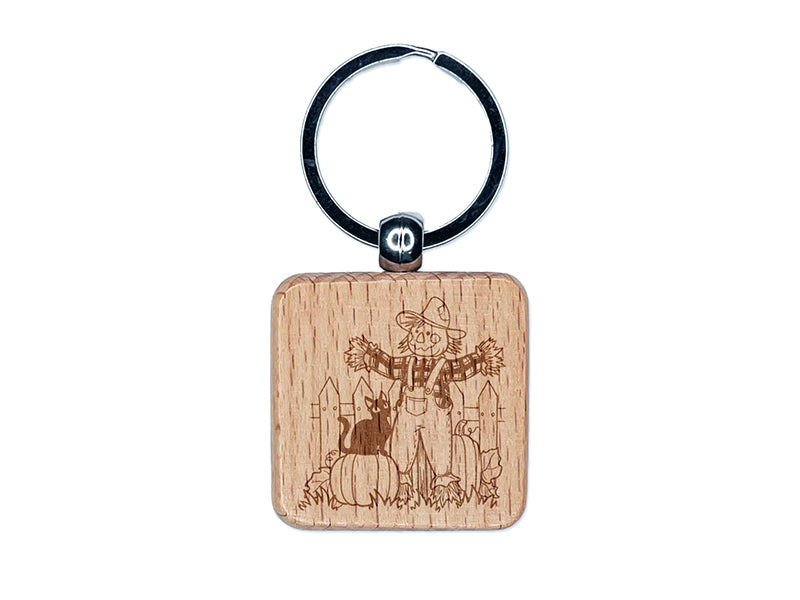 Scarecrow with Black Cat Harvest Pumpkins Engraved Wood Square Keychain Tag Charm