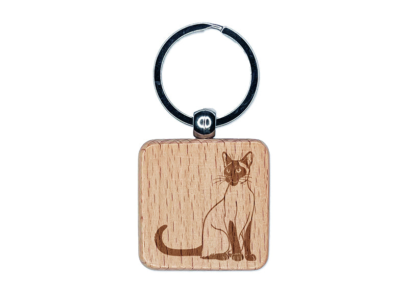 Smart Siamese Cat Engraved Wood Square Keychain Tag Charm