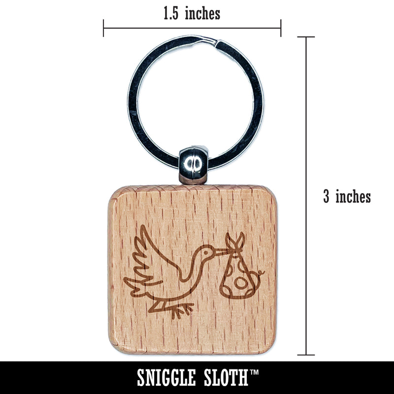 Stork Carrying a Baby Shower Pregnancy Engraved Wood Square Keychain Tag Charm