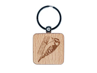 Sweet Downy Woodpecker Bird Engraved Wood Square Keychain Tag Charm