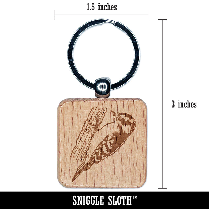 Sweet Downy Woodpecker Bird Engraved Wood Square Keychain Tag Charm