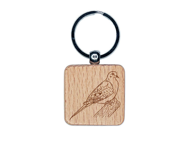 Watchful Mourning Dove Bird Engraved Wood Square Keychain Tag Charm