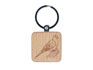 Watchful Mourning Dove Bird Engraved Wood Square Keychain Tag Charm