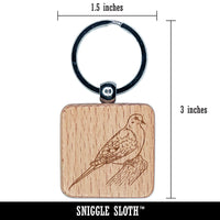 Watchful Mourning Dove Bird Engraved Wood Square Keychain Tag Charm