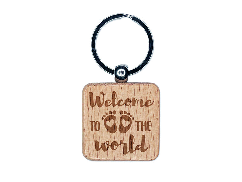 Welcome to the World Baby Shower Pregnancy Engraved Wood Square Keychain Tag Charm