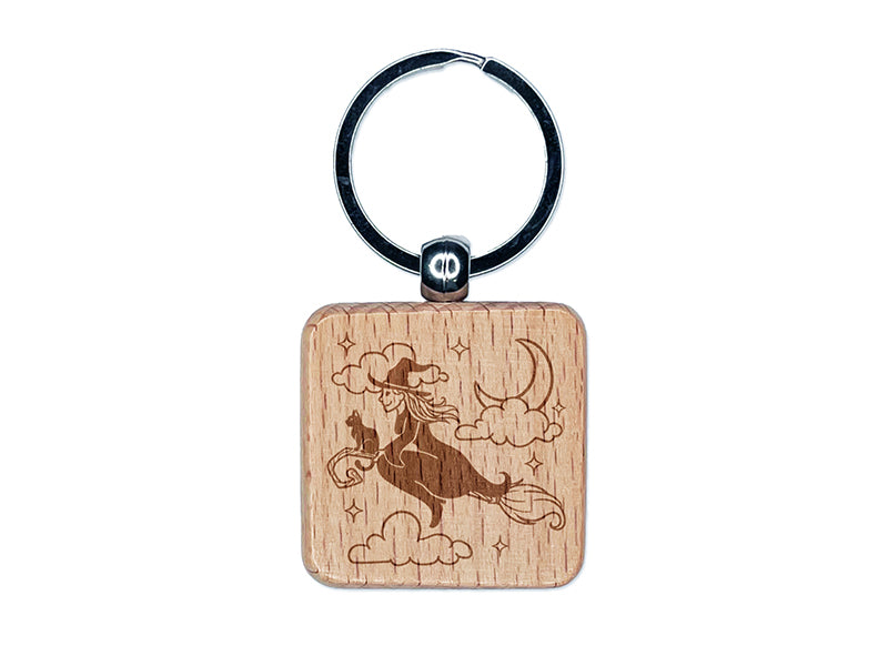 Witch on Broom with Black Cat Halloween Engraved Wood Square Keychain Tag Charm