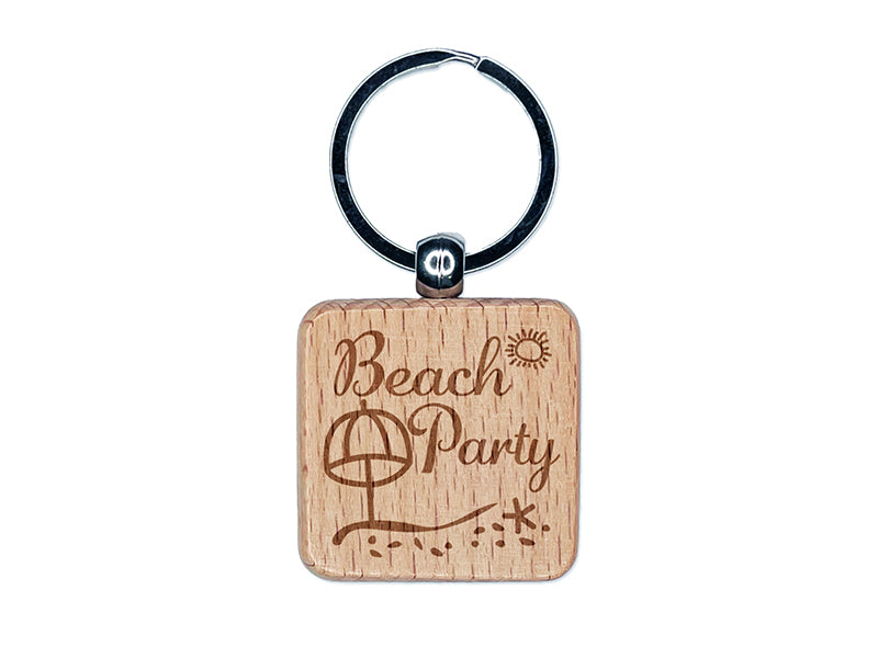 Beach Party Tropical Ocean Sun Sand Engraved Wood Square Keychain Tag Charm