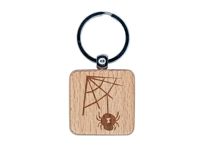 Black Widow Spider and Web Halloween Doodle Engraved Wood Square Keychain Tag Charm