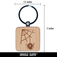 Black Widow Spider and Web Halloween Doodle Engraved Wood Square Keychain Tag Charm
