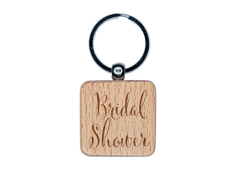 Bridal Shower Cursive Text Wedding Engraved Wood Square Keychain Tag Charm