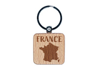 France Country Solid with Text Engraved Wood Square Keychain Tag Charm