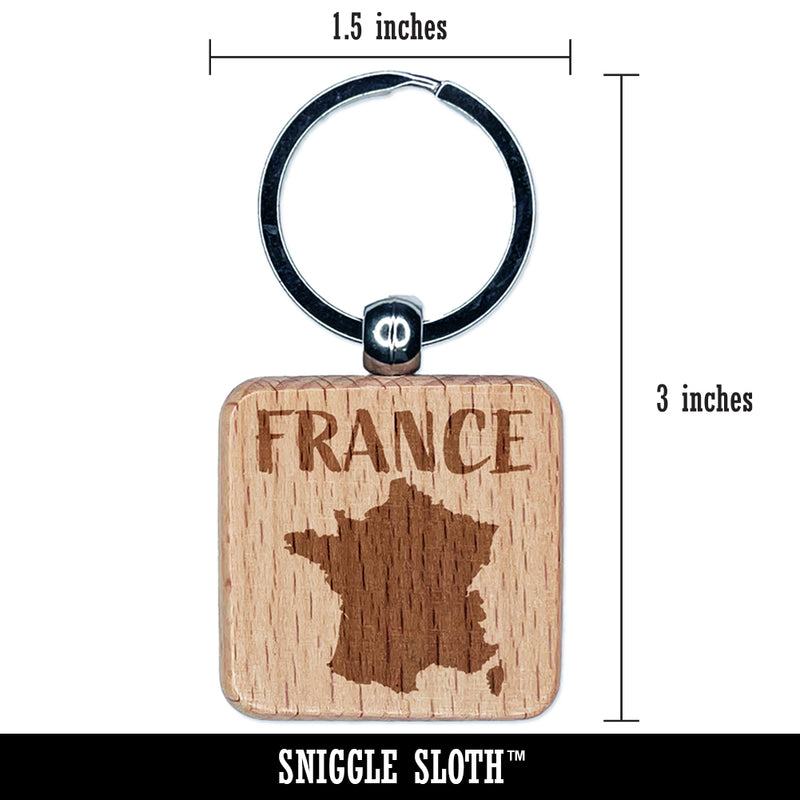 France Country Solid with Text Engraved Wood Square Keychain Tag Charm