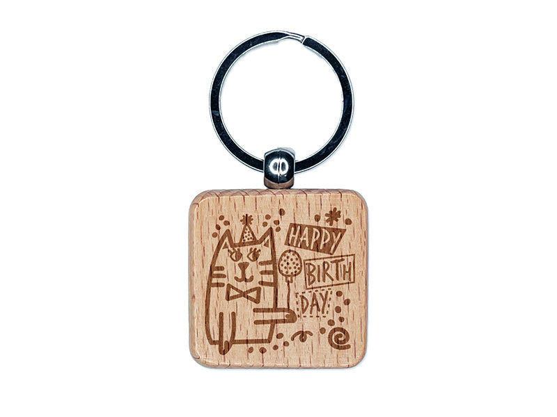 Happy Birthday Cat with Hat and Balloon Engraved Wood Square Keychain Tag Charm