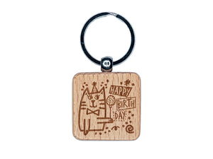 Happy Birthday Cat with Hat and Balloon Engraved Wood Square Keychain Tag Charm