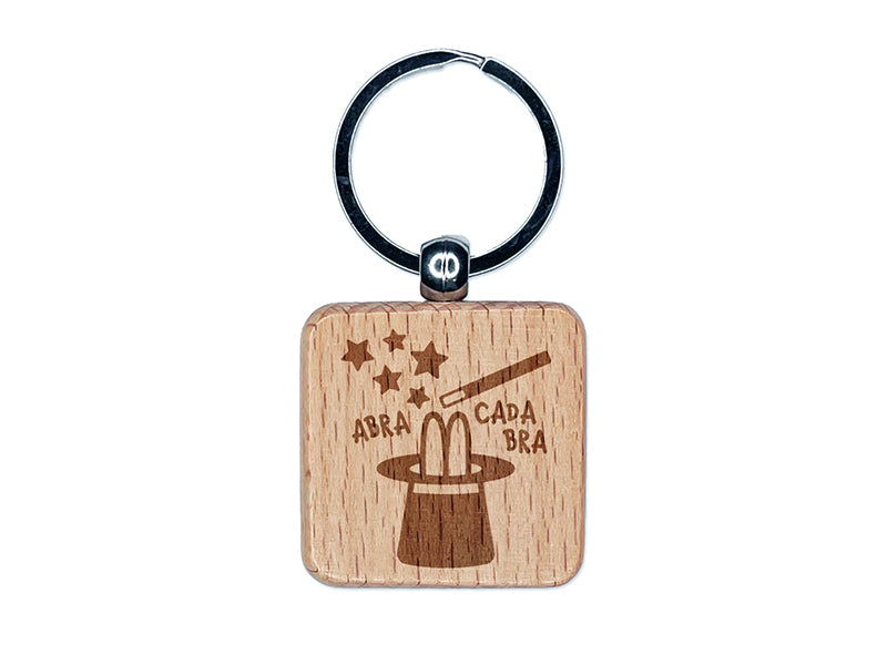 Magician Hat Magic Rabbit Engraved Wood Square Keychain Tag Charm