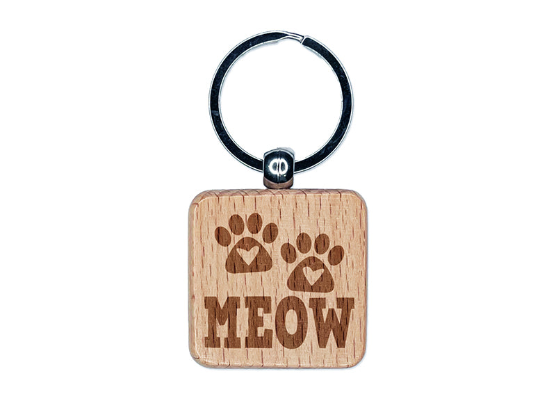 Meow Kitty Cat Paw Prints with Hearts Engraved Wood Square Keychain Tag Charm