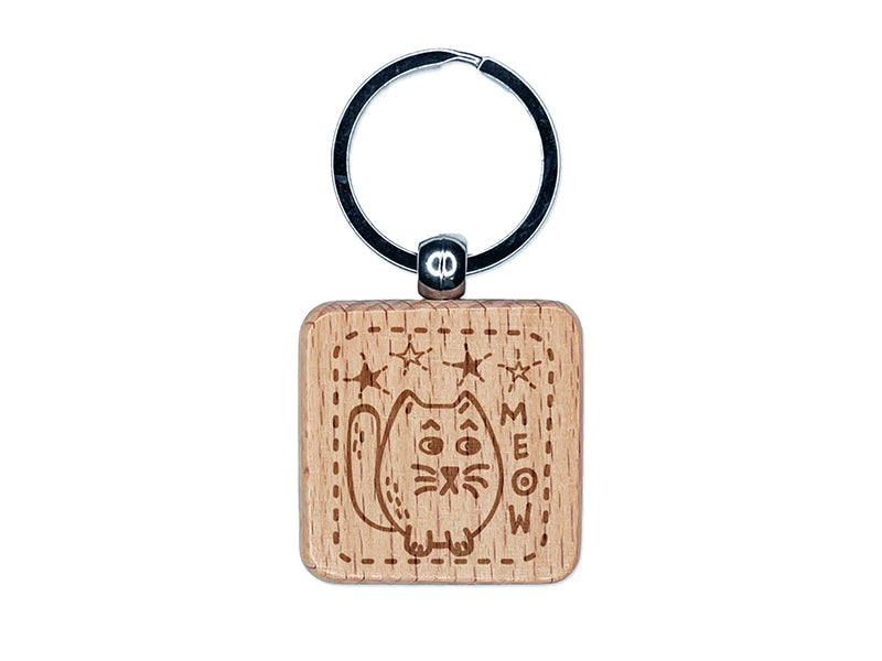 Mopey Cat Meow and Stars Engraved Wood Square Keychain Tag Charm
