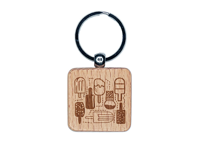 Popsicle Ice Cream Summer Fun Engraved Wood Square Keychain Tag Charm