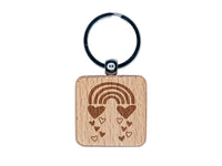 Shower of Love Hearts and Rainbows Engraved Wood Square Keychain Tag Charm