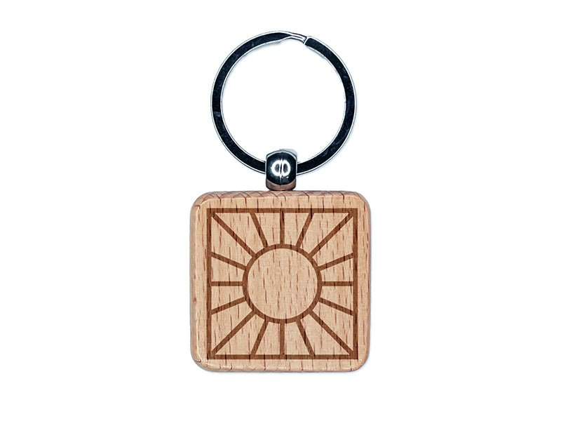 Sun Rays Engraved Wood Square Keychain Tag Charm