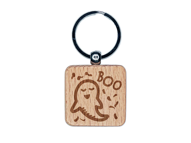 Sweet Ghost Boo Halloween Engraved Wood Square Keychain Tag Charm