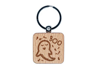 Sweet Ghost Boo Halloween Engraved Wood Square Keychain Tag Charm