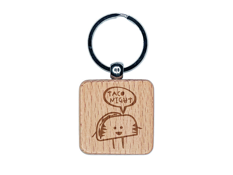 Taco Night Talking Taco Engraved Wood Square Keychain Tag Charm