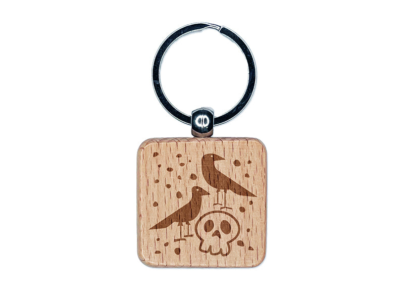 Two Ravens and Skull Halloween Doodle Engraved Wood Square Keychain Tag Charm