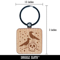 Two Ravens and Skull Halloween Doodle Engraved Wood Square Keychain Tag Charm