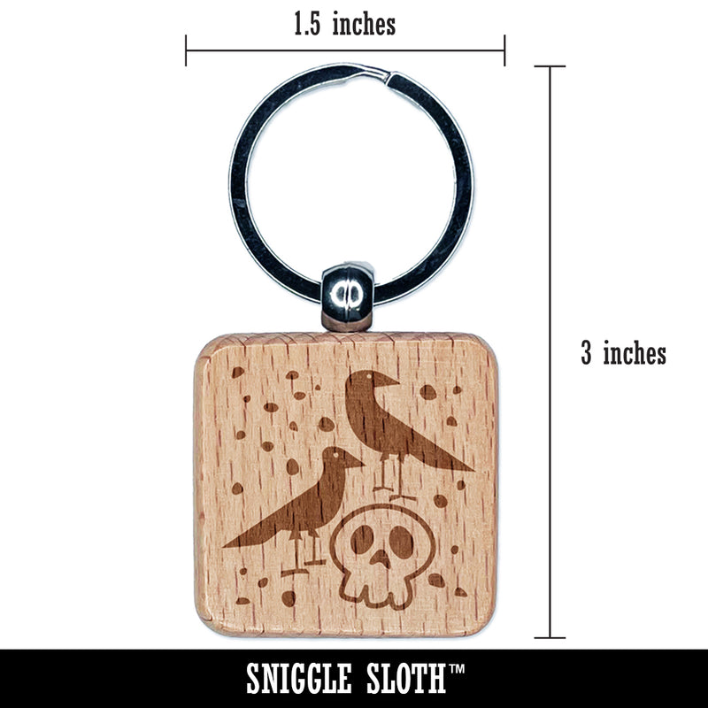 Two Ravens and Skull Halloween Doodle Engraved Wood Square Keychain Tag Charm