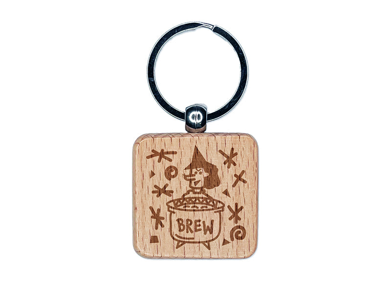 Witches Brew Pot Halloween Fun Engraved Wood Square Keychain Tag Charm