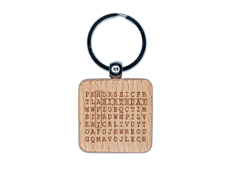 Word Search Birthday Engraved Wood Square Keychain Tag Charm